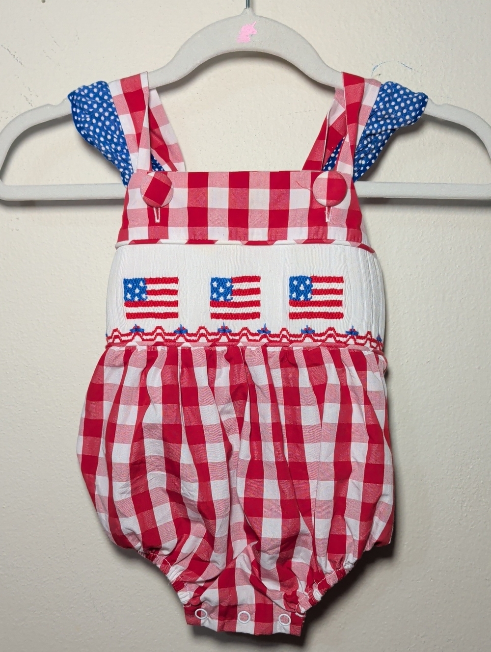 Stitchy Fish Gingham Smocked American Flag Bubble Red White Blue Girls Size 6M